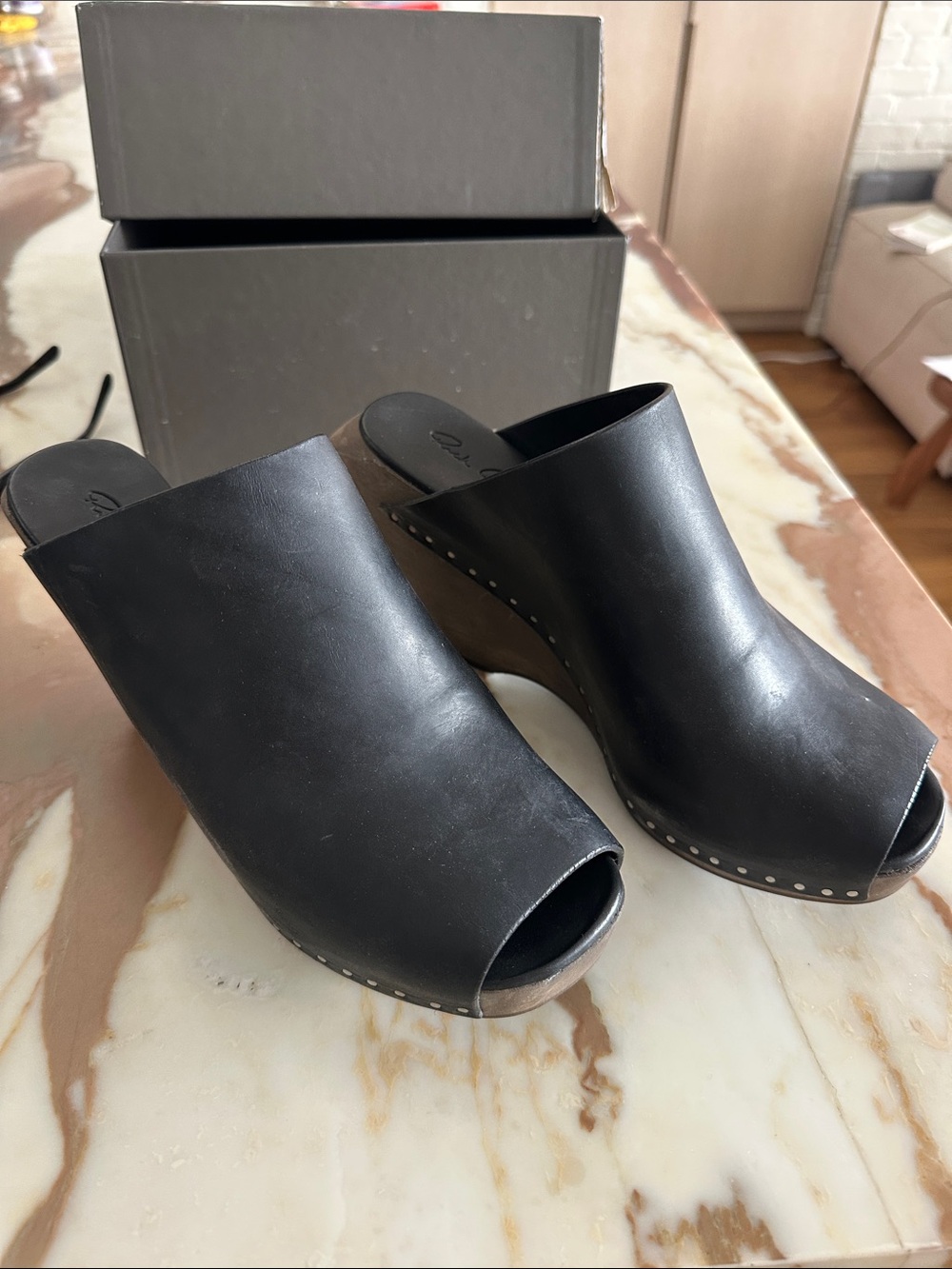 Rick Owens Black Leather Peep-Toe Wedge Clogs